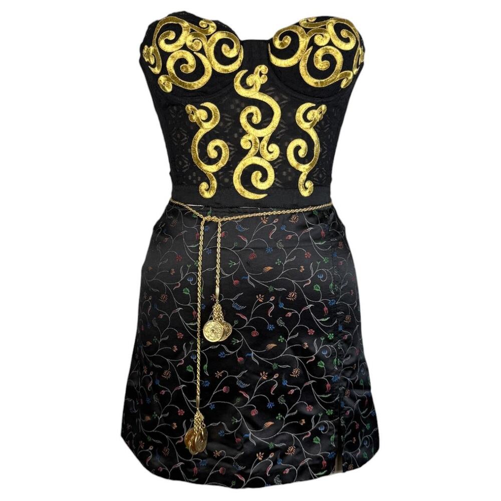 Vintage Y2K Sole Mio black silk floral mini skirt side slit embroidered